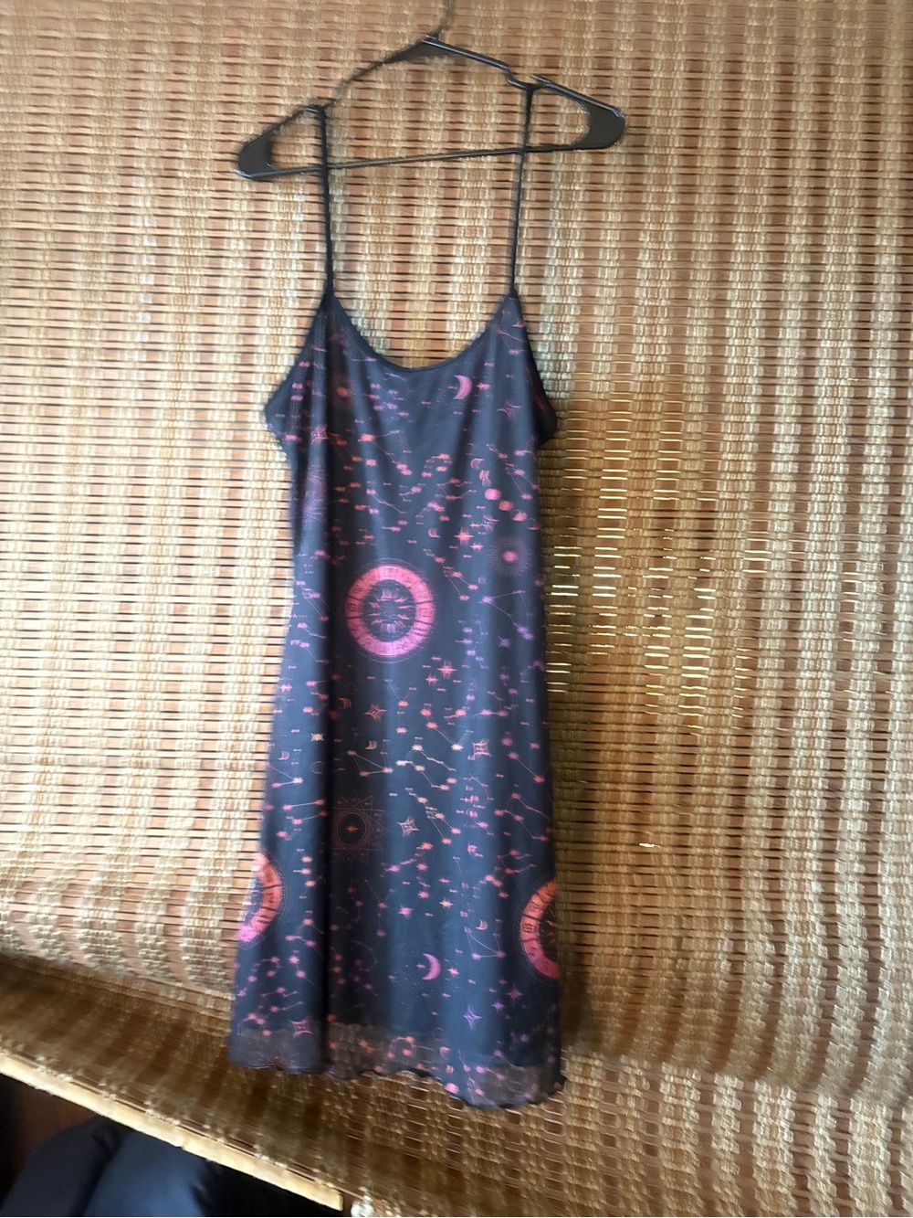 Dolls Kill Black Slip Dress with Pink Celestial Print